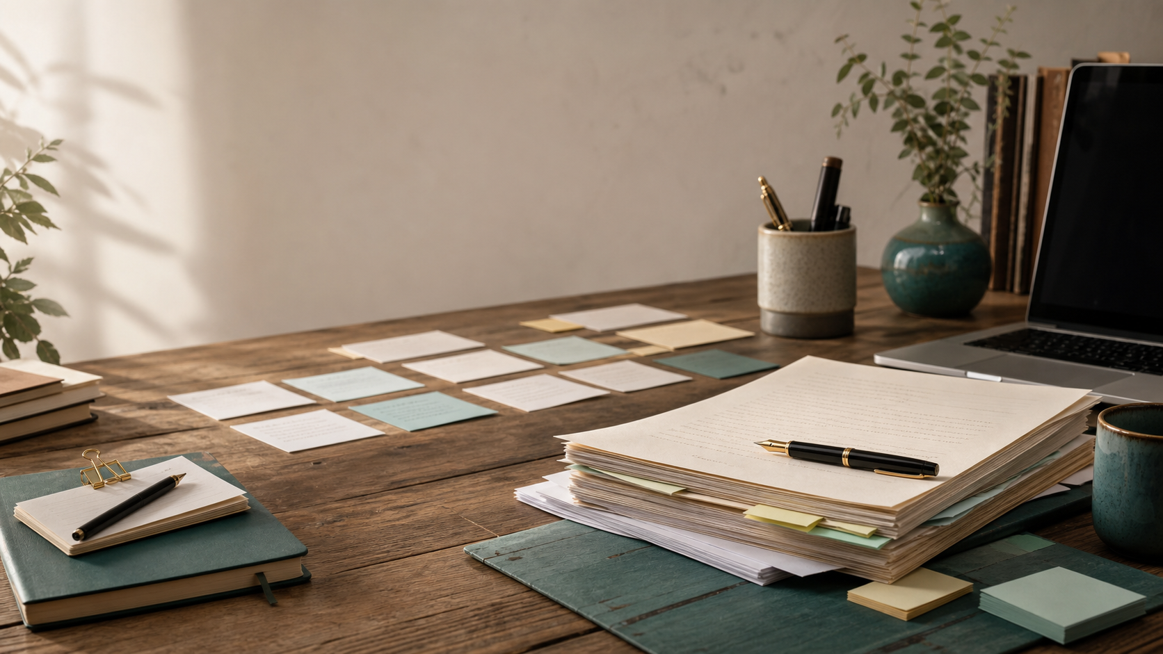 Organized manuscript pages and writing materials on a studio desk